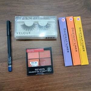 Eye Makeup Set w/ Lashes, 3 Blk Eyeliners, 1 Revlon Eyeshadow & 1 Blue Eyeliner